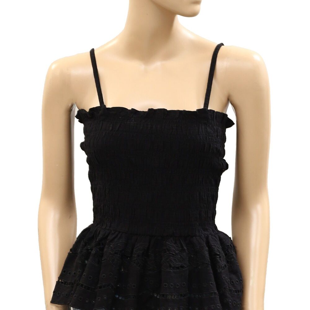 Damson Madder Martina Cami Tank Top Smocked Broderie Cutout Black M-10 287412 - Picture 6 of 9